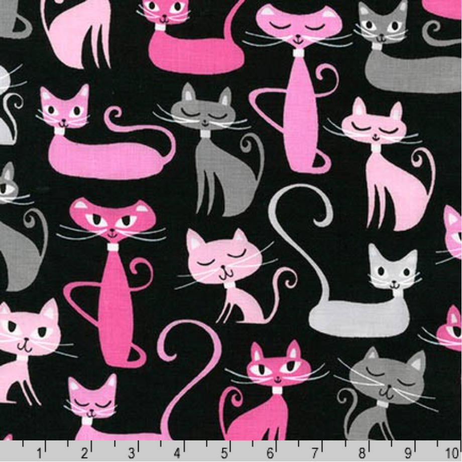 Whiskers and Tails - Cats on Black Fabric