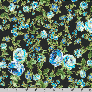 Decadent Garden - Florals and Leaves Navy Metallic Yardage