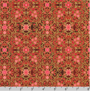 Decadent Garden - Florals Swirls Red Metallic Yardage