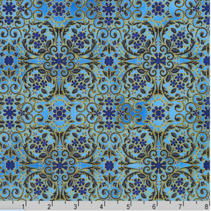 Decadent Garden - Florals Swirls Blue Metallic Yardage