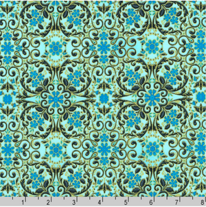 Decadent Garden - Florals Swirls Aqua Metallic Yardage