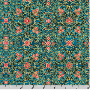 Decadent Garden - Florals Swirls Teal Metallic Yardage