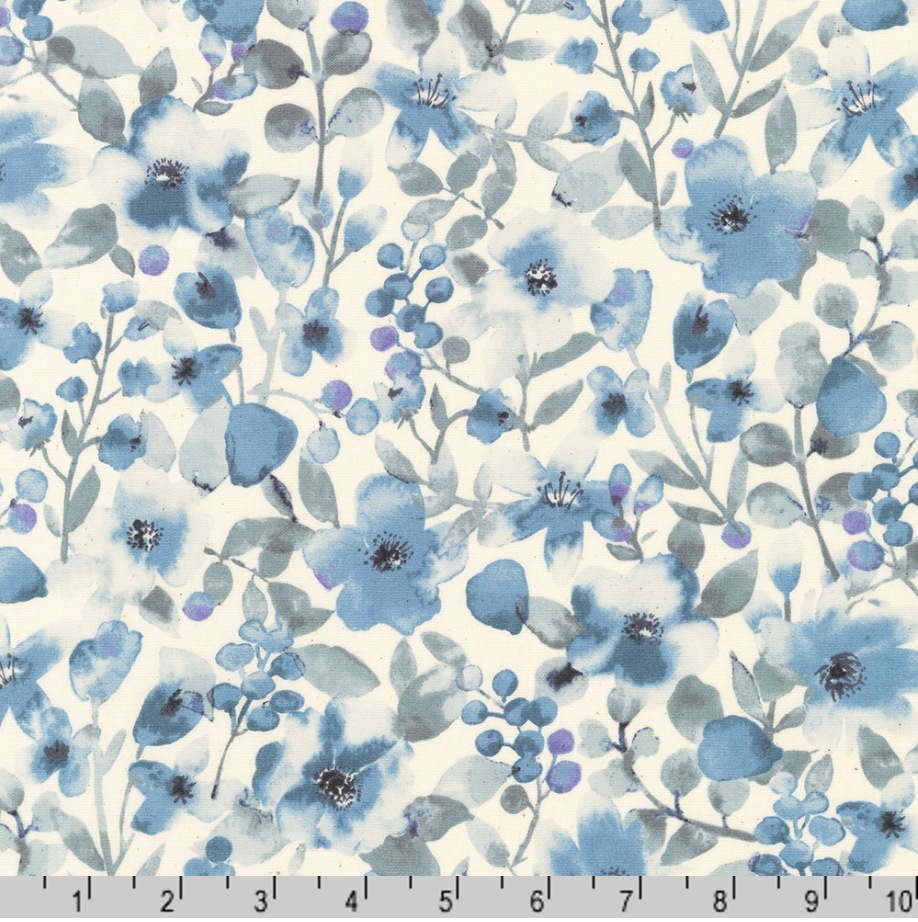 Sevenberry Grace - Florals Vines Blue Yardage