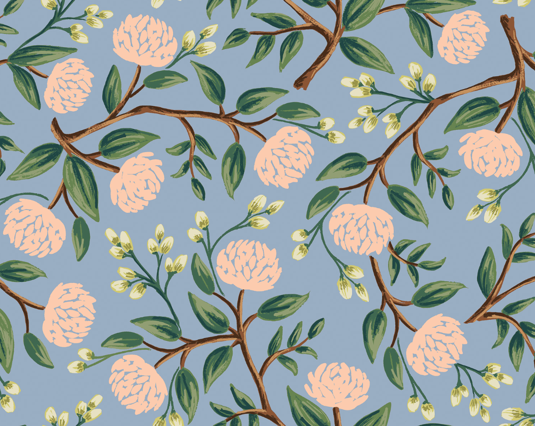 Wildwood - Peonies Dusty Blue Yardage