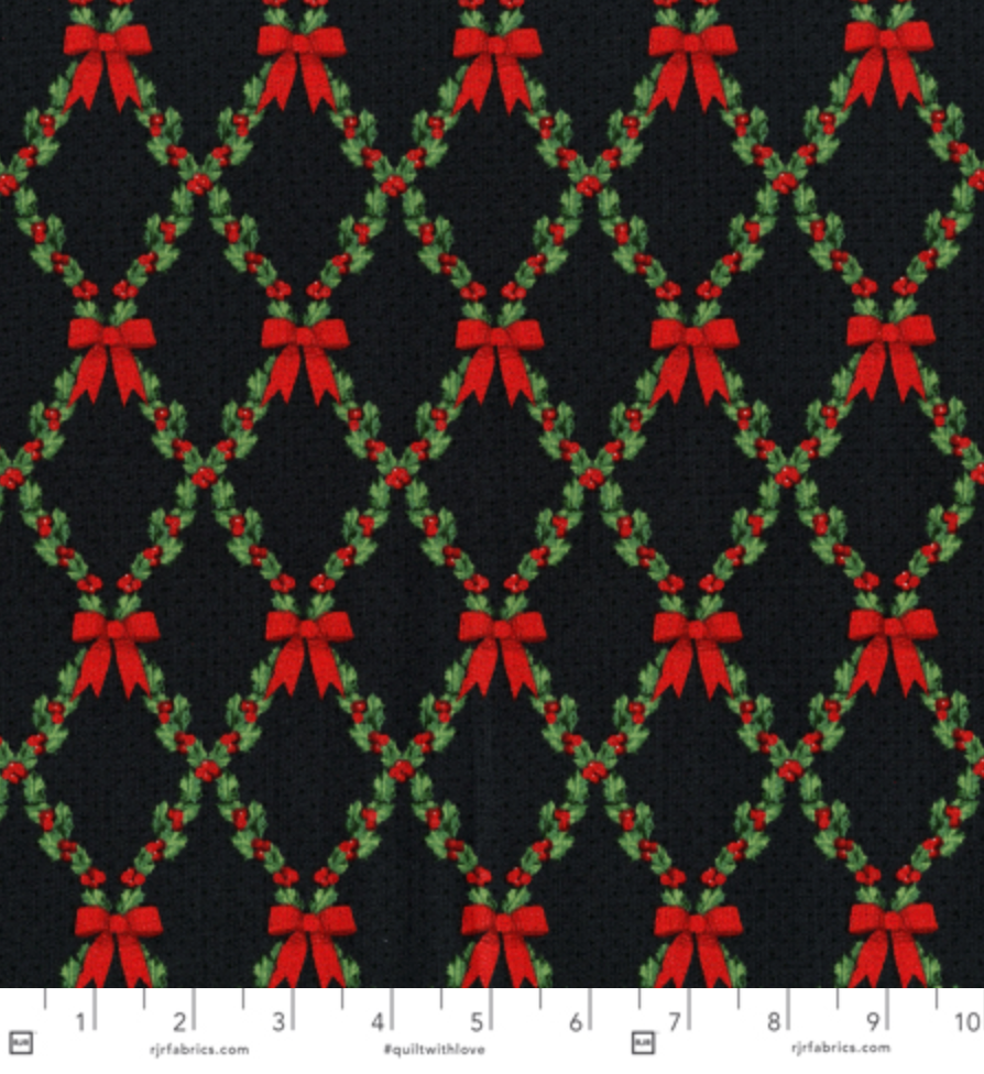 Let it Sparkle - Bows And Holly - Radiant Black Metallic Yardage