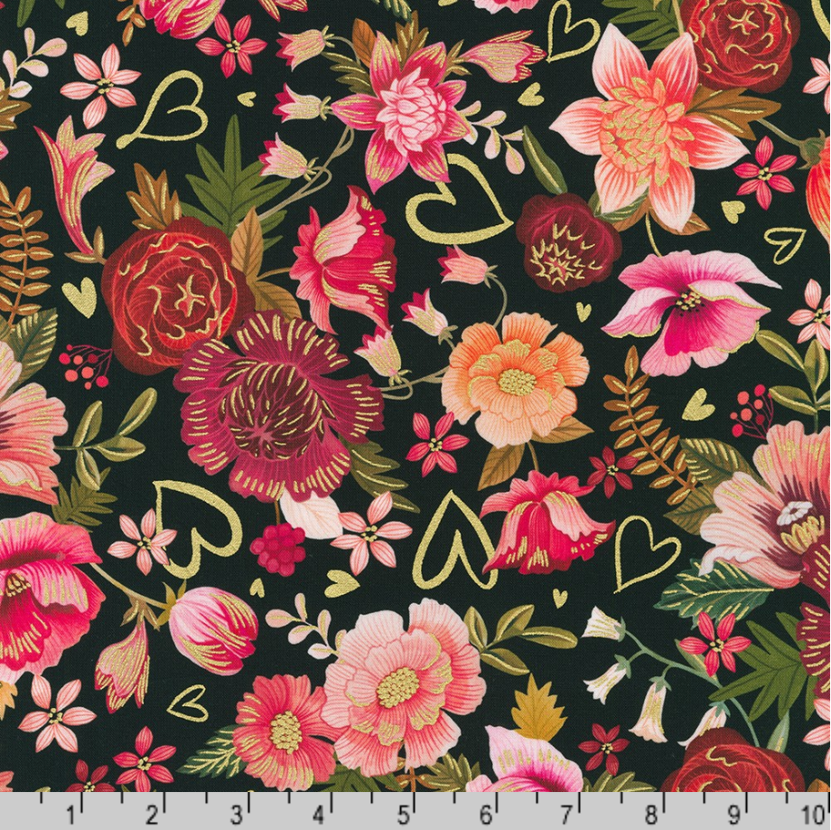 Hearts in Bloom - Floral Toss Black Gold Metallic Yardage