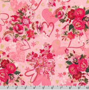 Hearts in Bloom - Bouquets and Hearts Rose Metallic Yardage