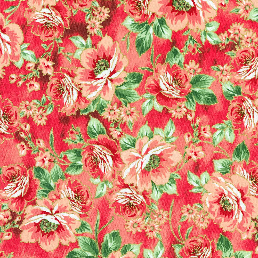 Decadent Garden - Florals Coral Metallic Yardage