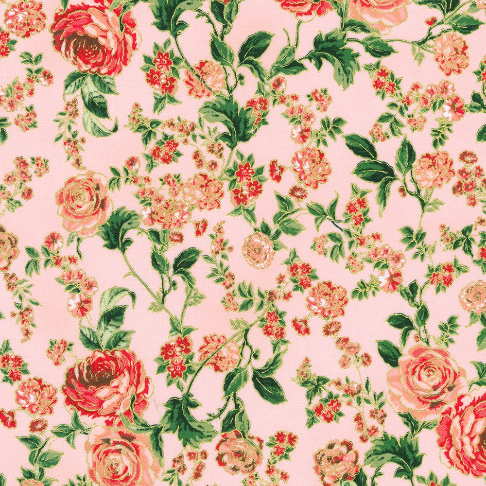 Decadent Garden - Florals and Leaves Pink Metallic Yardage