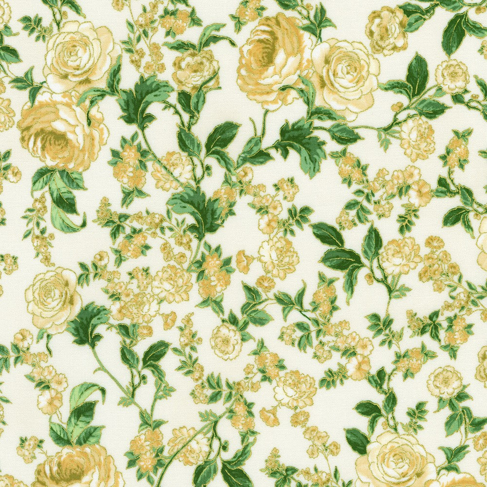 Decadent Garden - Florals and Leaves Cream Metallic Yardage