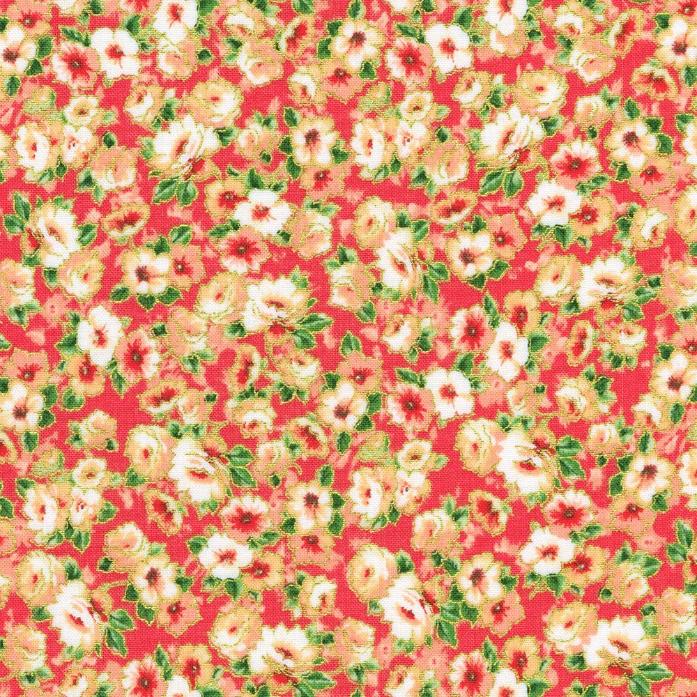 Decadent Garden - Small Florals Coral Metallic Yardage