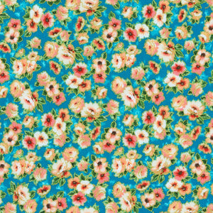 Decadent Garden - Small Florals Turquoise Metallic Yardage