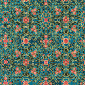 Decadent Garden - Florals Swirls Teal Metallic Yardage