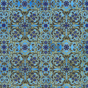 Decadent Garden - Florals Swirls Blue Metallic Yardage