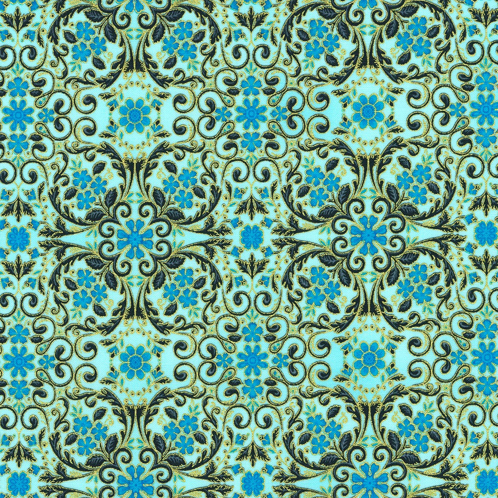 Decadent Garden - Florals Swirls Aqua Metallic Yardage