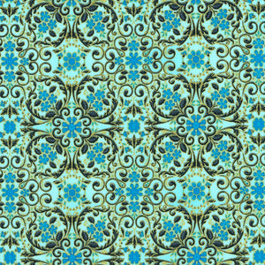 Decadent Garden - Florals Swirls Aqua Metallic Yardage