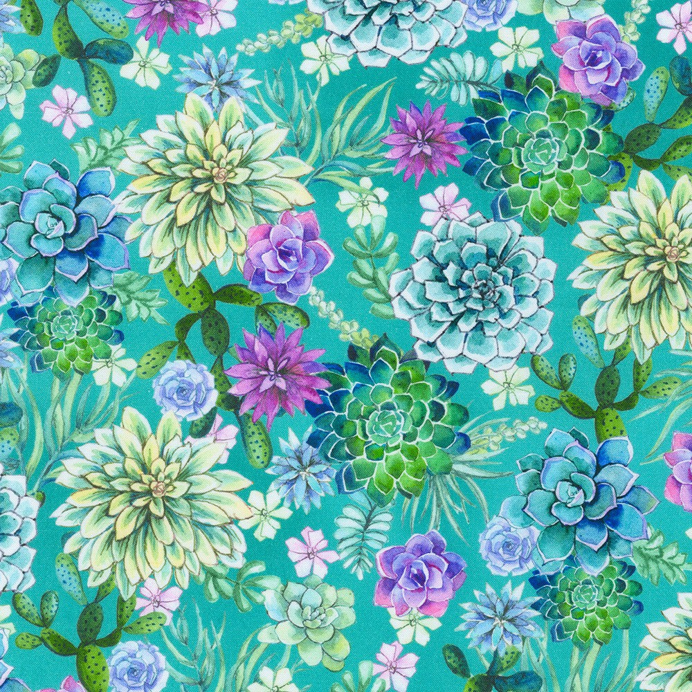 Desert Blooms - Succulents Teal Yardage