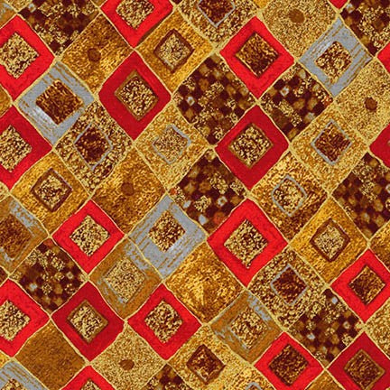 Gustav Klimt - Gold Metallic Diamonds and Squares Red Yardage