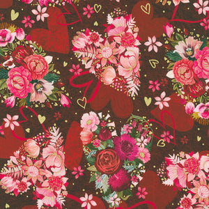 Hearts in Bloom - Bouquets and Hearts Wine Metallic Yardage