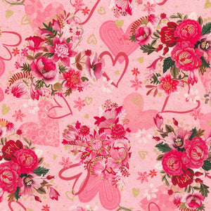 Hearts in Bloom - Bouquets and Hearts Rose Metallic Yardage