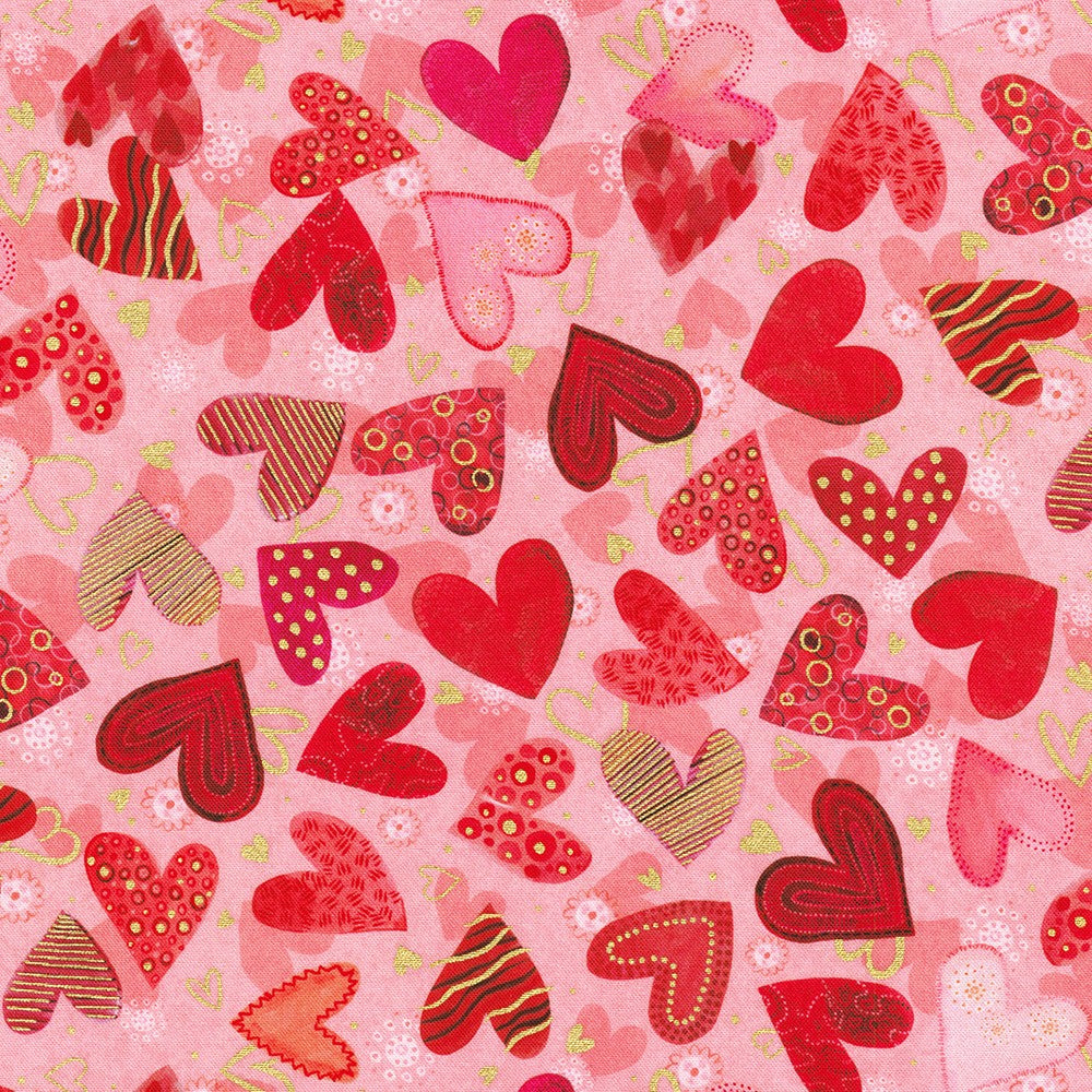 Hearts in Bloom - Packed Hearts Pink Gold Metallic Yardage