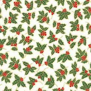 Holiday Charms - Holly Ivory Gold Metallic Yardage