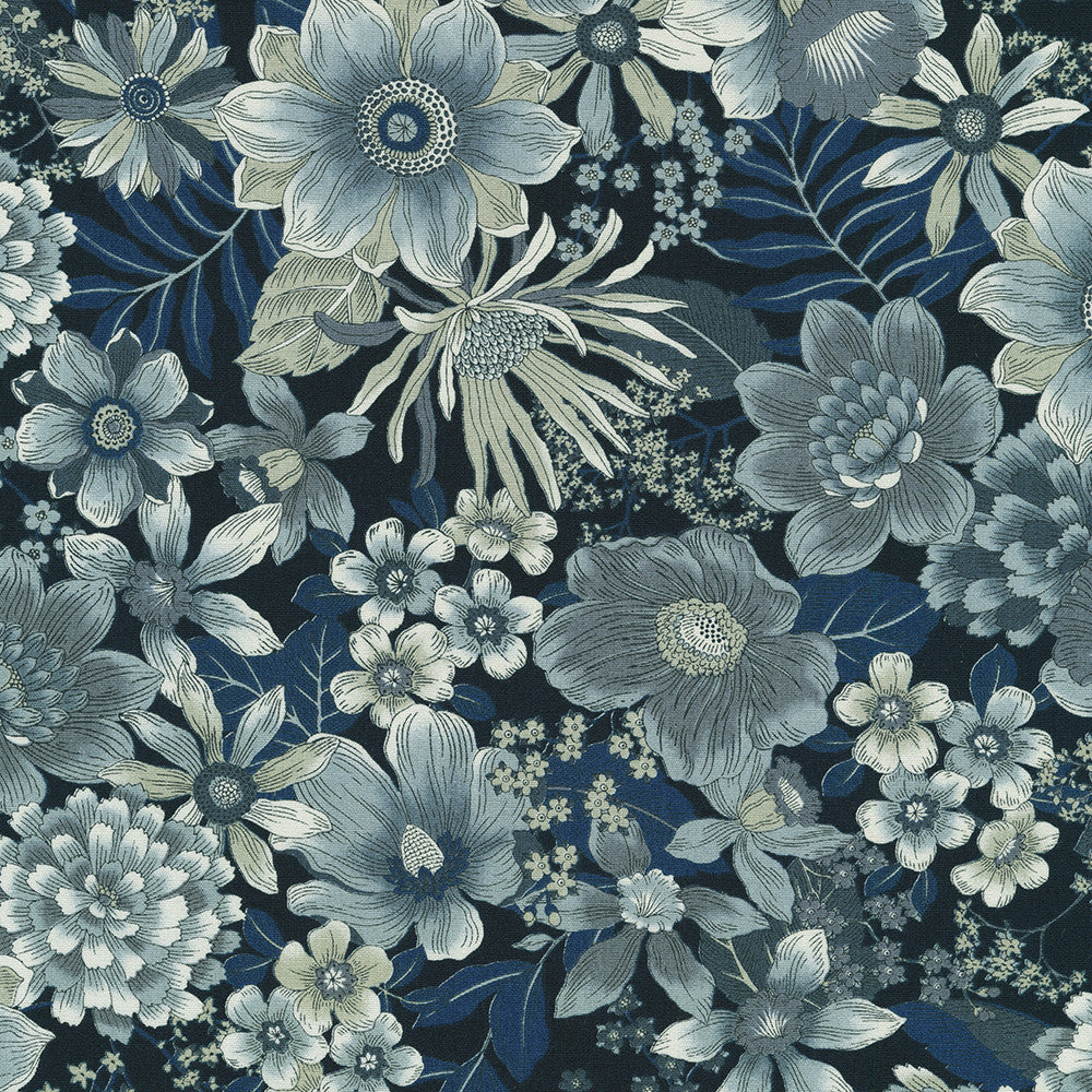 Sevenberry Vintage Petals and Paisleys - Florals Navy Yardage