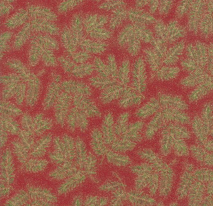 Cardinal Song Metallic Pine Branches Crimson by Moda |Holiday Fabric