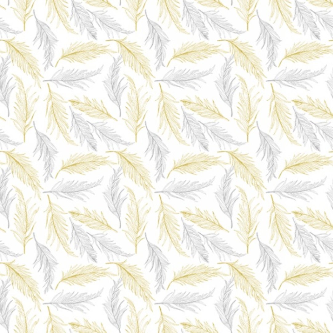 Sparkle and Fade - Feathers White/Metallic - with Silver & Gold Metallic Accent Yardage