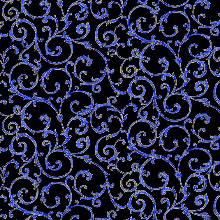 Sapphire - Metallic Scrolls on Black Fabric