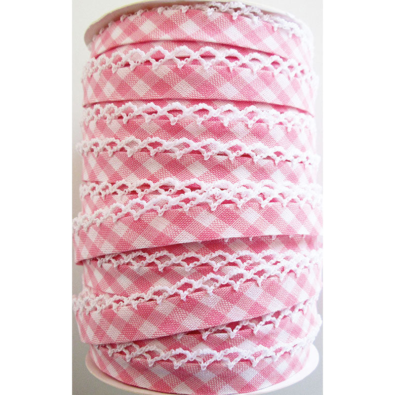 Crotchet Edge Double Fold Bias Check Pink Tape 71436 32 | Fancy Trims