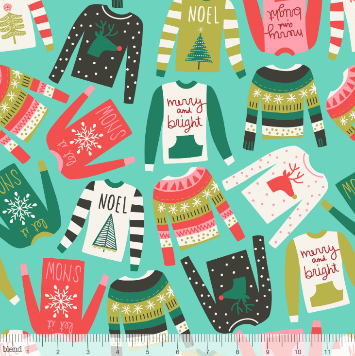 Snugly Sweaters Holiday Jumper Blue by Maude Asbury for Blend Fabrics