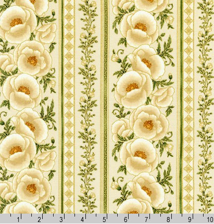 Robert Kaufman Gilded Blooms Poppy Border Stripe Ivory/Gold Metallic