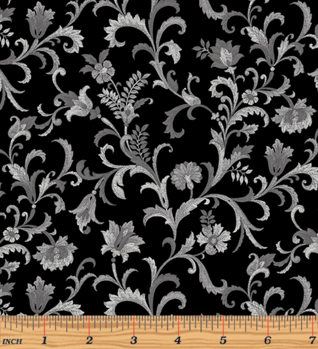 Lilacs in Bloom - Vine Scroll Black