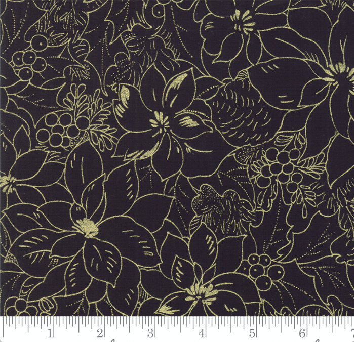 Cardinal Song Metallic Floral Toile Ebony by Moda | Christmas Fabric