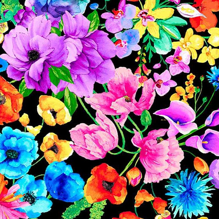 Day Dreaming - Rainbow Dream Florals on Black by Timeless Treasures