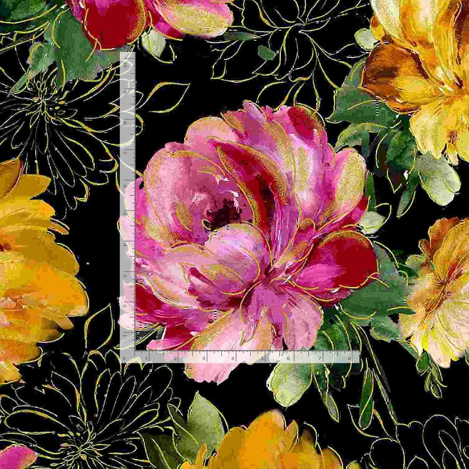 Felicity - Large Metallic Peonies on Black by Timeless Treasures