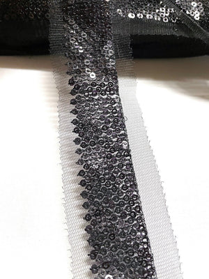 Black Sequins on Mesh Trim | Black Mesh Sequins Ribbon