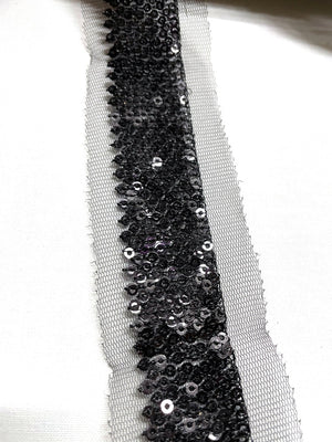 Black Sequins on Mesh Trim | Black Mesh Sequins Ribbon