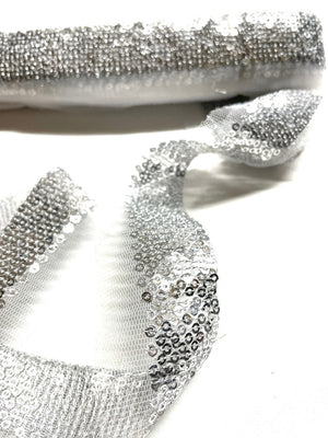 Silver Sequins on Mesh Trim | White Mesh Silver Sequins Ribbon