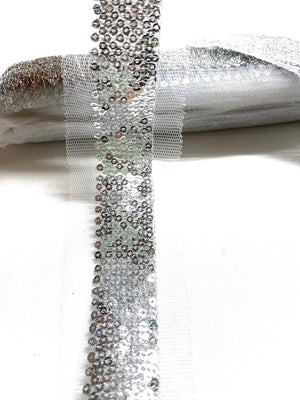 Silver Sequins on Mesh Trim | White Mesh Silver Sequins Ribbon