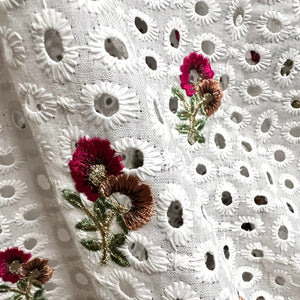 White Cotton Floral Embroidered Fabric