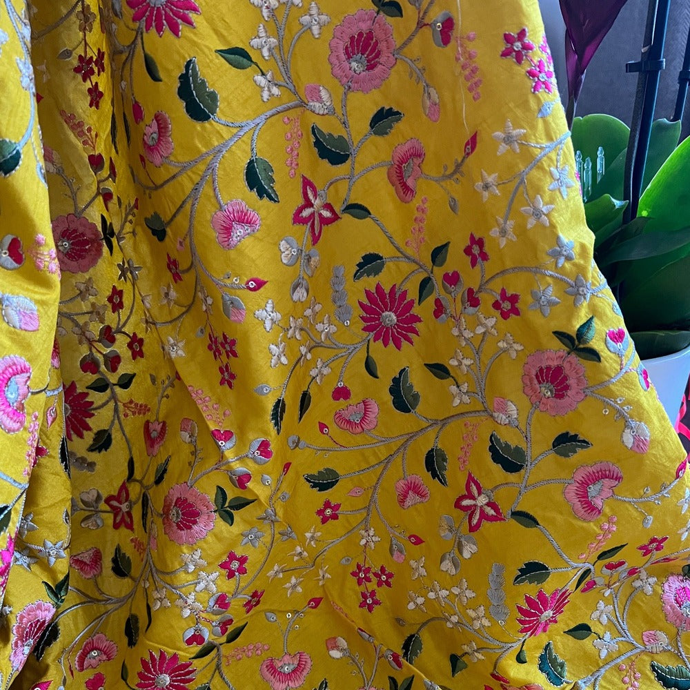 Yellow Bangalore Silk Embroidered with Sequins