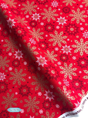 Merry & Bright - Elegant Snowflakes Red/Gold Metallic Yardage