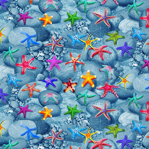 Deep Blue Sea - Starfish and Pebble Stones Fabric