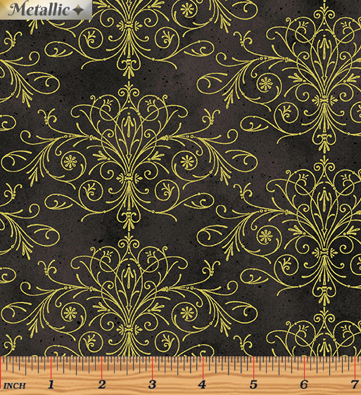 Floral Impressions Washed Tonal Filigree Dark Gray Gold Metallic 8679M-13 by Benartex