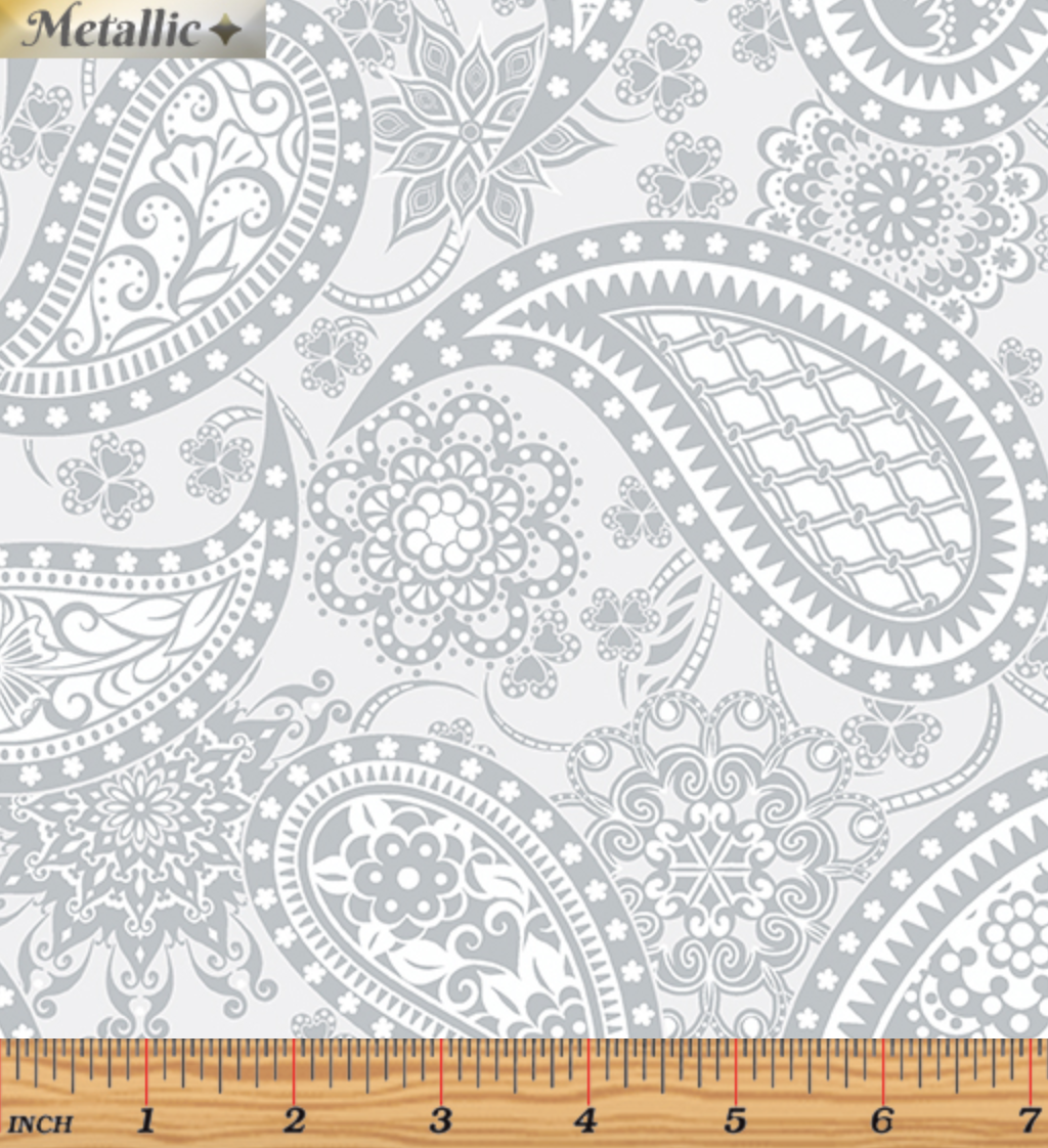 Jubilee Silver - Paisley Silver by Benartex 5490M-08 - Silver Shimmer Fabrics