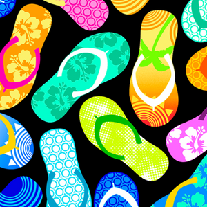 Tropical Breeze - Tropical Flip Flops Black by Kanvas Studio for Benartex