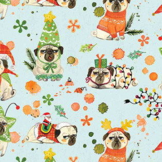 Catitude - Bah Hum-Pug by Dear Stella | Cotton Digital Print Novelty Fabric