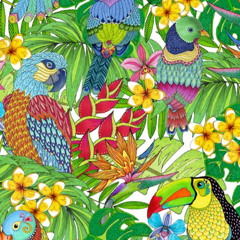 Tropical Flair - Birds Allover on White